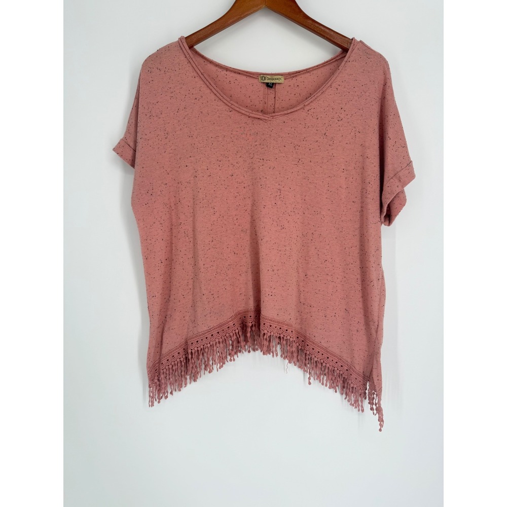 Democracy Women Top XL  Western Boho Crochet Fringe Speckled Festival Lagenlook